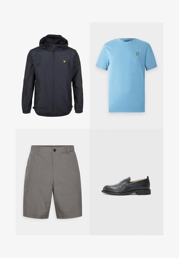 Casaco leve, de um tom azul marinho escuro, com capuz, fecho éclair na frente, cordões ajustáveis e um pequeno logótipo amarelo no lado esquerdo do peito. Tecido texturizado.; T-shirt de algodão azul claro com mangas curtas, decote redondo e um pequeno logótipo amarelo bordado no peito superior esquerdo.; Calções cinzentos feitos de tecido leve, com um design de frente plana, fecho com botão e detalhes de costura subtis.; Mocassins de couro pretos com um acabamento suave, sola plana e bico arredondado, com uma tira decorativa atravessando a parte superior.