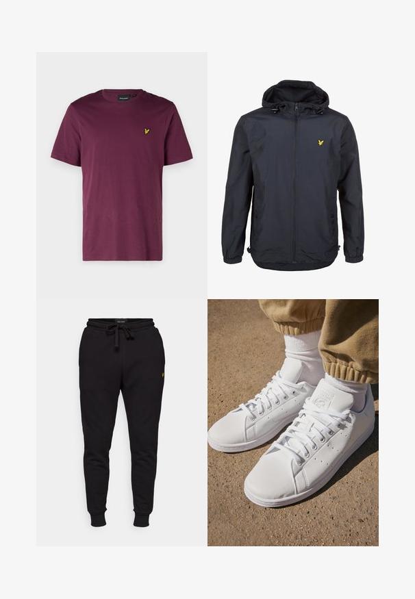 Viegls, tumši zilas krāsas jaka ar kapuci, ar rāvējslēdzēju priekšā, pielāgojamām auklām un mazu dzeltenu logotipu kreisajā krūtī. Strukturēta auduma.; Marokas kokvilnas t-krekls ar apaļu kaklu, īsām piedurknēm un mazu dzeltenu ērgļa logo kreisajā krūtī. Gluda tekstūra, parastā piegriezumā.; Melnas kokvilnas jogger bikses ar elastīgu jostasvietu, auklu un ribotām piedurknēm. Uz kreisās augšstilba atrodas mazs dzeltenais logo.; Baltas ādas sporta apavi ar gludu virsmu, ar klasisku šņorēšanas dizainu, ar perforējumiem gaisa caurlaidībai un teksturētu gumijas zoli.