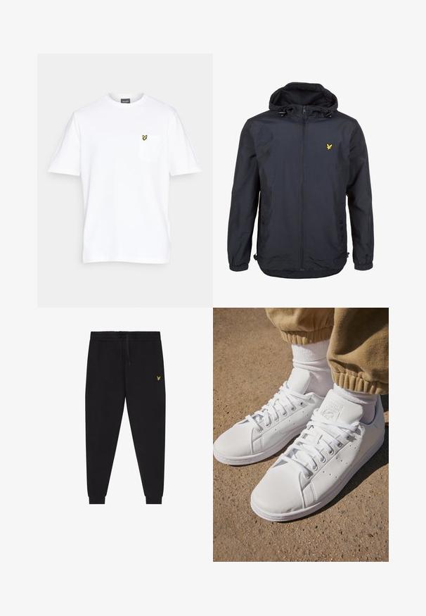 Giacca leggera di un elegante blu navy scuro con cappuccio, chiusura con zip, cordini regolabili e un piccolo logo giallo sul petto sinistro. Tessuto testurizzato.; T-shirt bianco in cotone con maniche corte, scollo rotondo e una tasca sul petto sinistro con un piccolo logo di una farfalla gialla.; Pantaloni jogger neri con vita elasticizzata e coulisse, gambe affusolate con polsini e piccolo logo giallo ricamato sulla coscia destra.; Sneakers bianchi in pelle con superficie liscia, caratterizzati da un classico design con lacci, perforazioni per la traspirabilità e una suola in gomma testurizzata.