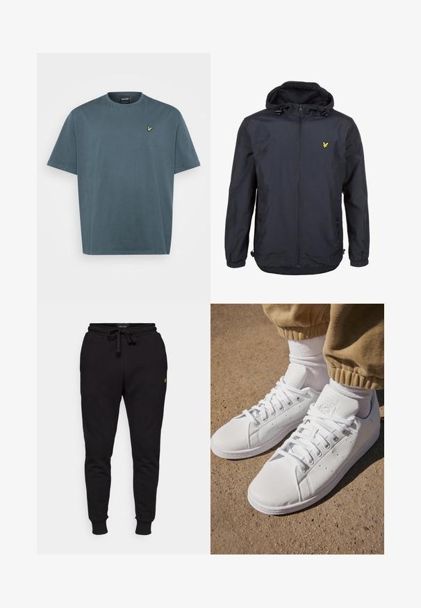 Kerge, tume navy sinine jakk kapuutsiga, tõmblukuga esipaneel, reguleeritavad nöörid ja väike kollane logo vasakul rindkere kohal. Tekstureeritud kangas.; Heledsinine puuvillane T-särk, lühikeste varrukatega, ümmarguse kaelusega, millel on vasakul rinnal broderii kollase linnu logoga. Lihtne disain.; Mustad mustast puuvillast joggeritest püksid, millel on elastne vöökoht, nöör ja ribadega mansetid. Vasakul reitel on väike kollane logo.; Valged nahast tossud siledal pinnal, klassikalise paeltega kinnitusega, ventilatsiooni jaoks perforatsioonide ning tekstureeritud kummist välispinnaga.