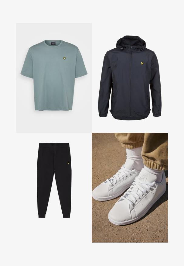 Leichtgewichtige, dunkelblaue Jacke mit Kapuze, Reißverschluss vorne, verstellbaren Kordeln und einem kleinen gelben Logo auf der linken Brust. Strukturiertes Gewebe.; Hellgrünes T-Shirt mit kurzen Ärmeln aus Baumwolle. Verfügt über einen runden Ausschnitt und ein kleines gelbes gesticktes Logo auf der linken Brust.; Schwarze Jogginghose mit elastischem Bund und Kordelzug, zulaufenden Beinen mit Bündchen und kleinem gelben gesticktem Logo am rechten Oberschenkel.; Weiße Leder-Sneaker mit einer glatten Oberfläche, klassischem Schnürdesign, Perforationen für Atmungsaktivität und einer strukturierten Gummisohle.