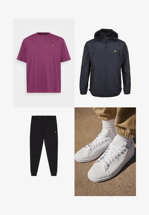 Lightweight, dark navy jacket with a hood, zippered front, adjustable drawstrings, and a small yellow logo on the left chest. Textured fabric.; Short-sleeved purple t-shirt made of cotton, featuring a round neck and a small yellow logo on the left chest. Smooth texture, casual design.; Black jogger pants with elastic waistband and drawstring, tapered legs with cuffs, and small yellow embroidered logo on right thigh.; White leather sneakers with a smooth surface, featuring a classic lace-up design, perforations for breathability, and a textured rubber outsole.