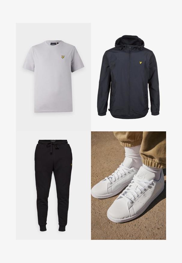 Könnyű, sötét navy kék dzseki kapucnival, cipzáras elejével, állítható zsinórokkal és egy kis sárga logóval a bal mellrészen. Texturált anyag.; Világosszürke pamut póló rövid ujjakkal, bal oldalon egy apró sárga hímzett madárlogóval.; Fekete pamut jogger nadrág rugalmas derékkal, zsinórral és bordázott mandzsettákkal. Bal combján egy kis sárga logó található.; Fehér bőr sportcipők sima felülettel, klasszikus fűzős kialakítással, perforációkkal a légáteresztés érdekében és texturált gumitalppal.
