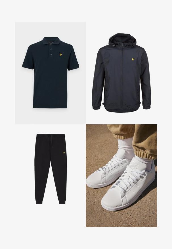 Lättviktsjacka i mörk marinblått med huva, zippered front, justerbara dragsnören och en liten gul logotyp på vänster bröst. Strukturerad tyg.; Marinblå pikétröja i bomull med klassisk krage, tre-knapps knäppning och en liten gul örnlogotyp på vänster bröst.; Svarta joggerbyxor med elastisk midjeresår och dragsko, avsmalnande ben med mudd, och liten gul broderad logga på höger lår.; Vita lädersneakers med en slät yta, med en klassisk snörningsdesign, perforeringar för andningsförmåga och en texturerad gummisula.