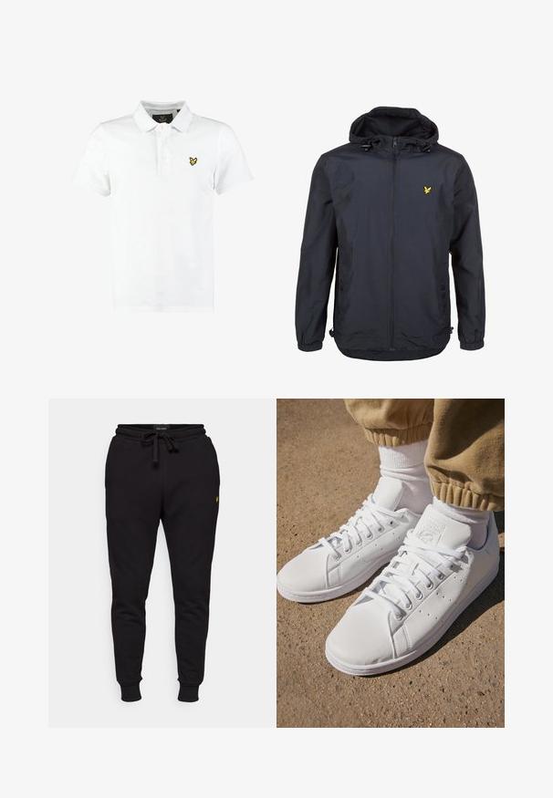Lehká, tmavě modrá bunda s kapucí, zipem vpředu, nastavovacími šňůrkami a malým žlutým logem na levé hrudi. Texturovaná tkanina.; Bílá polo tričko z bavlny, s tříknoflíkovou légou, krátkými rukávy a malým žlutým logem na levé části hrudníku.; Černé bavlněné jogger kalhoty s elastickým pasem, šňůrkou na stažení a žebrovanými manžetami. Obsahují malé žluté logo na levém stehně.; Bílé kožené tenisky s hladkým povrchem, které mají klasický design na šněrování, perforace pro prodyšnost a jemně strukturovanou gumovou podrážku.