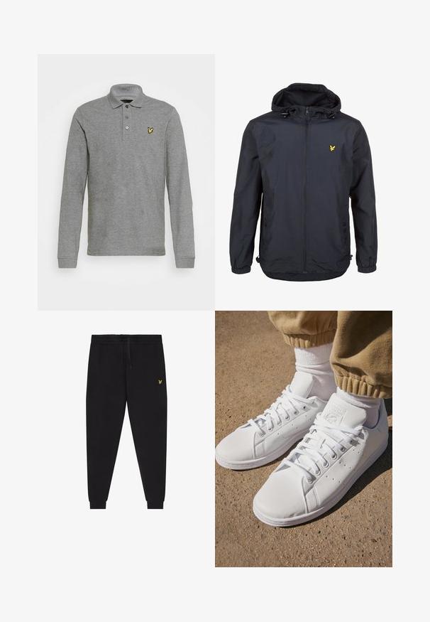 Ľahká, tmavomodrá bunda s kapucňou, zipsom na prednej strane, nastaviteľnými šnúrkami a malým žltým logom na ľavej strane hrude. Štruktúrovaná tkanina.; Sivá polo košeľa s dlhým rukávom vyrobená z mäkkého materiálu, s trojbuttonovým zapínaním a žltým logom na ľavom hrudníku.; Čierne jogger nohavice s elastickým pásom a šnúrkou, zúžené nohavice so lemami a malým žltým vyšívaným logom na pravom stehne.; Biele kožené tenisky s hladkým povrchom, disponujú klasickým šnurovacím dizajnom, perforáciami na priedušnosť a textúrovanou gumovou podrážkou.