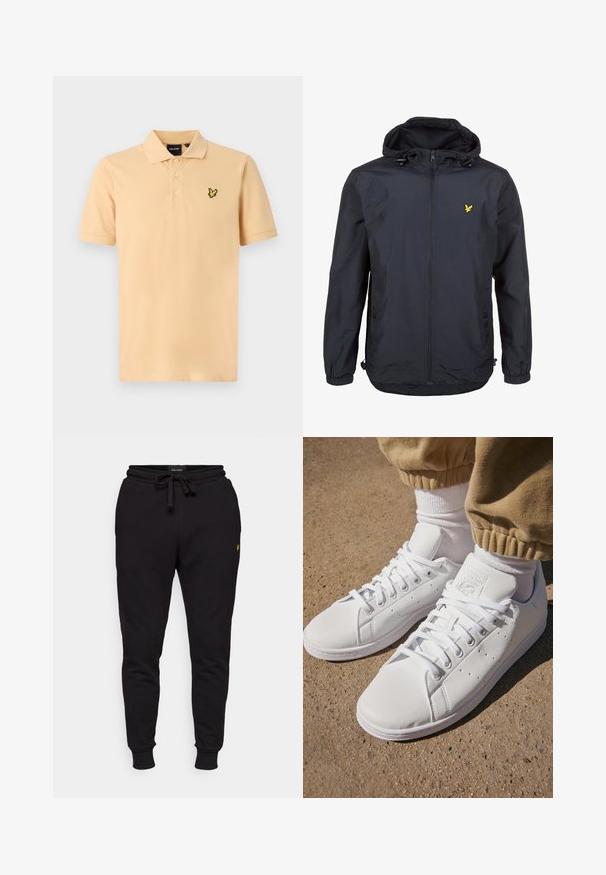 Lahka, temno modra jakna s kapuco, z zadrgo spredaj, nastavljivim vrvico in majhnim rumenim logotipom na levem prsnem delu. Teksturovana tkanina.; Polo majica v svetlo breskvi s tremi gumbi. Ima izvezen črno-rumeni logotip na levi strani prsnega koša. Kratki rokavi, klasičen kroj.; Črne bombažne hlače za prosti čas z elastičnim pasom, vrvico in rebrastimi manšeti. Imajo majhen rumen logotip na levem stegnu.; Beli usnjeni športni copati s gladko površino, z brezčasnim vezalnim dizajnom, perforacijami za zračnost in teksturiranim gumiranim podplatom.