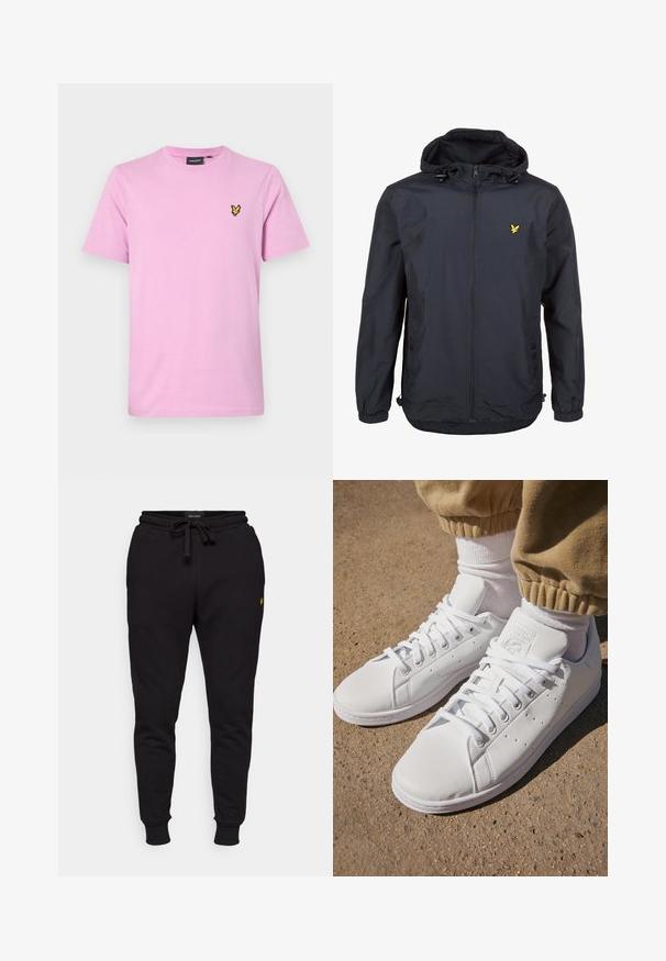 Lehká, tmavě modrá bunda s kapucí, zipem vpředu, nastavovacími šňůrkami a malým žlutým logem na levé hrudi. Texturovaná tkanina.; Světle růžové bavlněné tričko s kulatým výstřihem, krátkými rukávy a malou vyšívanou siluetou ptáčka v žluté a černé barvě na hrudi.; Černé bavlněné jogger kalhoty s elastickým pasem, šňůrkou na stažení a žebrovanými manžetami. Obsahují malé žluté logo na levém stehně.; Bílé kožené tenisky s hladkým povrchem, které mají klasický design na šněrování, perforace pro prodyšnost a jemně strukturovanou gumovou podrážku.