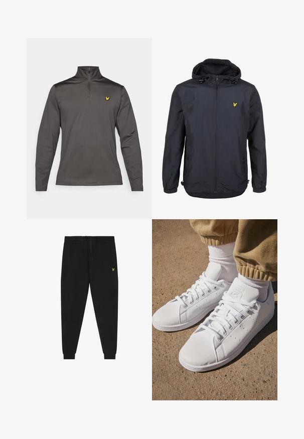 Jachetă ușoară, de culoare albastru închis, cu glugă, deschidere cu fermoar, șnururi ajustabile și un mic logo galben pe pieptul stâng. Material texturat.; Pulover gri cu mânecă lungă și guler cu fermoar pe jumătate, cu un logo al unui păsărelu galben în zona stângă a pieptului și o țesătură netedă, texturată.; Pantaloni jogger negri cu talie elastică și șnur, picioare conice cu manșete și un mic logo brodat galben pe coapsa dreaptă.; Adidași din piele albă cu o suprafață netedă, având un design clasic cu șireturi, perforații pentru ventilație și o talpă exterioară din cauciuc texturat.