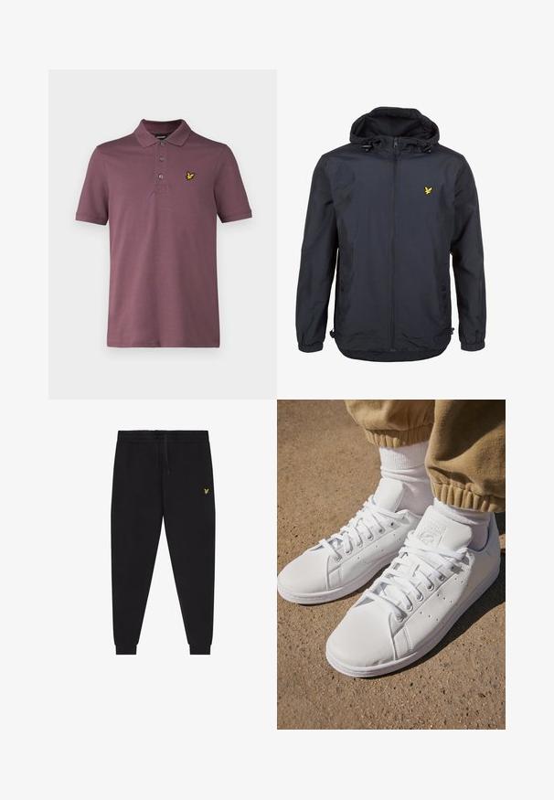 Leichtgewichtige, dunkelblaue Jacke mit Kapuze, Reißverschluss vorne, verstellbaren Kordeln und einem kleinen gelben Logo auf der linken Brust. Strukturiertes Gewebe.; Lyle & Scott Poloshirt - highland mauve; Schwarze Jogginghose mit elastischem Bund und Kordelzug, zulaufenden Beinen mit Bündchen und kleinem gelben gesticktem Logo am rechten Oberschenkel.; Weiße Leder-Sneaker mit einer glatten Oberfläche, klassischem Schnürdesign, Perforationen für Atmungsaktivität und einer strukturierten Gummisohle.