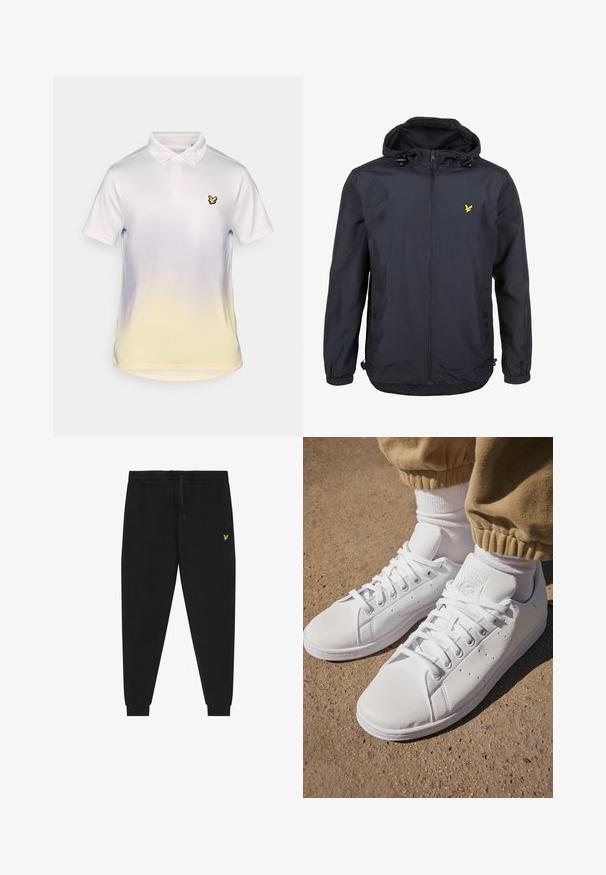 Lightweight, dark navy jacket with a hood, zippered front, adjustable drawstrings, and a small yellow logo on the left chest. Textured fabric.; White polo shirt featuring a yellow gradient at the bottom, a classic collar, and a small black bird logo on the left chest.; Black jogger pants with elastic waistband and drawstring, tapered legs with cuffs, and small yellow embroidered logo on right thigh.; White leather sneakers with a smooth surface, featuring a classic lace-up design, perforations for breathability, and a textured rubber outsole.