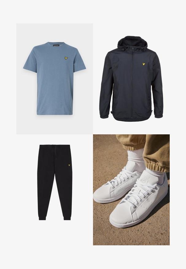 Lehká, tmavě modrá bunda s kapucí, zipem vpředu, nastavovacími šňůrkami a malým žlutým logem na levé hrudi. Texturovaná tkanina.; Lyle & Scott Jednoduché tričko - mist blue; Černé teplákové kalhoty s elastickým pasem a stahovací šňůrkou, zúžené nohavice s manžetami a malým žlutým vyšívaným logem na pravém stehně.; Bílé kožené tenisky s hladkým povrchem, které mají klasický design na šněrování, perforace pro prodyšnost a jemně strukturovanou gumovou podrážku.