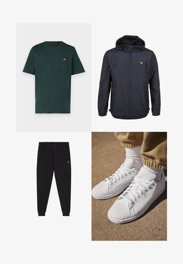 Lichte, donkerblauwe jas met capuchon, ritssluiting aan de voorkant, verstelbare trekkoorden en een klein geel logo op de linkerborst. Gestructureerde stof.; Lyle & Scott T-shirt basic - argyle teal; Zwarte joggingsbroek met elastische taille en trekkoord, taps toelopende pijpen met boorden en een klein geel geborduurd logo op de rechterdij.; Witte leren sneakers met een gladde oppervlakte, met een klassieke vetersluiting, perforaties voor ademend vermogen en een gestructureerde rubberen buitenzool.