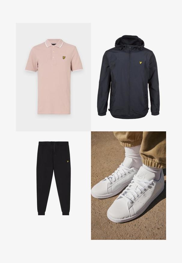 Lett, mørk marineblå jakke med hette, glidelåslukking, justerbare snorer og en liten gul logo på venstre bryst. Teksturert stoff.; Lyserød polo-skjorte med tre-knaps placket, hvid trim på krave og ærmer, med et gult broderet logo på brystet.; Svarte joggebukser med elastisk midjebånd og snor, smale ben med mansjetter og liten gul brodert logo på høyre lår.; Hvite lær sneakers med en glatt overflate, med et klassisk snøresystem, perforeringer for pusteevne, og en teksturert gummiyttersåle.