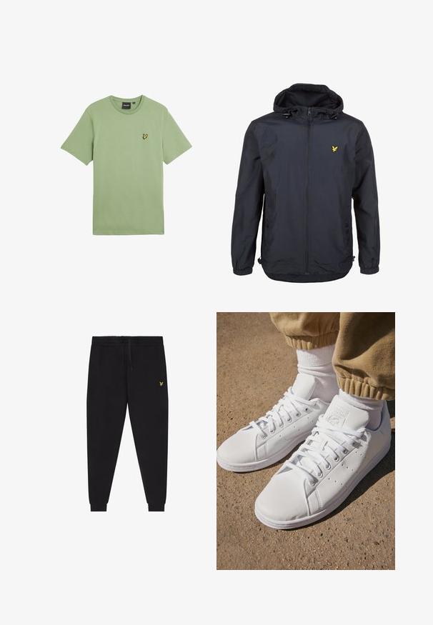 Könnyű, sötét navy kék dzseki kapucnival, cipzáras elejével, állítható zsinórokkal és egy kis sárga logóval a bal mellrészen. Texturált anyag.; Zöld, rövid ujjú póló sima anyagból, a bal mellkason egy kis sárga madár logóval. Kerek nyakú kivitel.; Fekete melegítőnadrág rugalmas derékpánttal és húzózsinórral, szűkített szárak mandzsettákkal, valamint kis sárga hímzett logóval a jobb combon.; Fehér bőr sportcipők sima felülettel, klasszikus fűzős kialakítással, perforációkkal a légáteresztés érdekében és texturált gumitalppal.