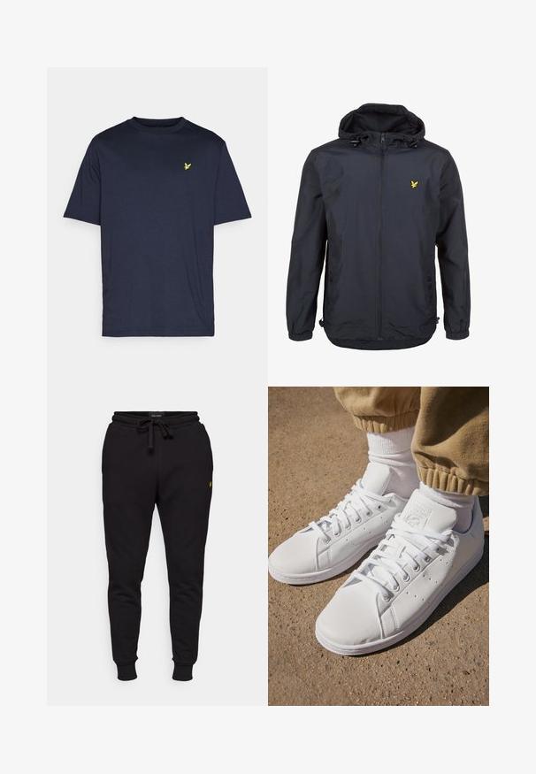 Letvægts, mørk navy jakke med hætte, lynlåslukning, justerbare snore og et lille gult logo på venstre bryst. Struktureret stof.; Mørkeblå bomulds-T-shirt med klassisk rund hals og korte ærmer. Har et lille gult logo på brystet. Enkel, udekoreret design.; Sorte bomulds joggerbukser med elastisk talje, snøre og ribbede manchetter. Har et lille gult logo på venstre lår.; Hvide lædersneakers med en glat overflade, der har et klassisk snørebånddesign, perforeringer for åndbarhed og en tekstureret gummisål.