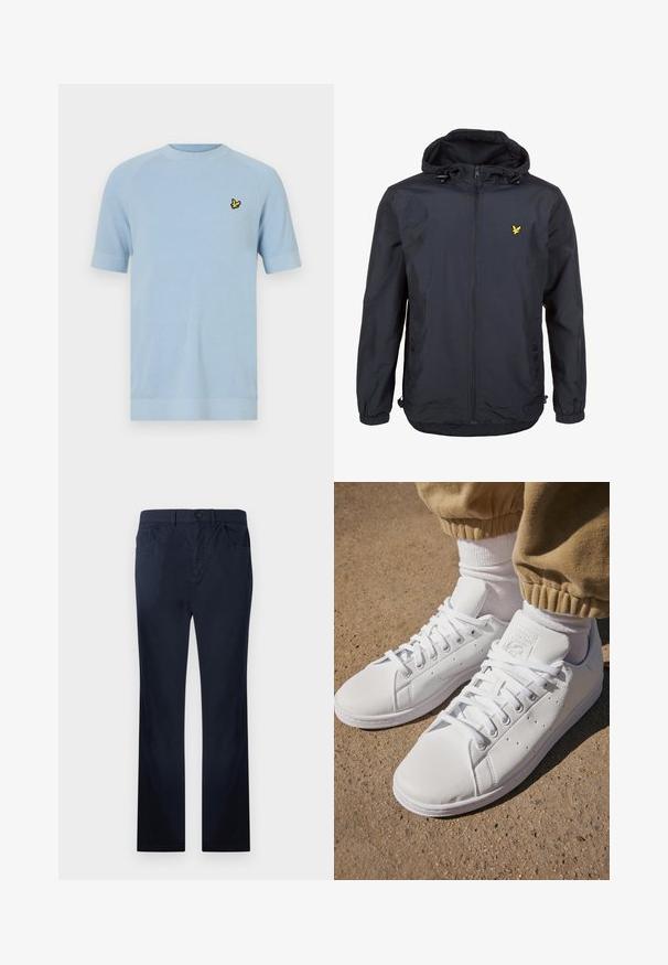 Kevyt, tummansininen takki, jossa on huppu, vetoketjullinen etuosa, säädettävät nyöritykset ja pieni keltainen logo vasemmassa rinnassa. Tekstuuri kangast.; Vaaleansininen neulepaitapusero, jossa on lyhyet hihat ja pyöreä pääntie. Kangas on teksturoidun tuntuinen. Vasemmassa rinnassa on pieni keltainen lintulogo.; Merensinisen väriset puuvillahousut suoralla leikkauksella, joissa on etu- ja takataskut, vetoketju ja yksittäinen napin suljin.; Valkoiset nahkakengät, joissa on sileä pinta, klassinen nauhakiinnitys, reikärakenteet hengittävyyden parantamiseksi ja karkea kumipohja.