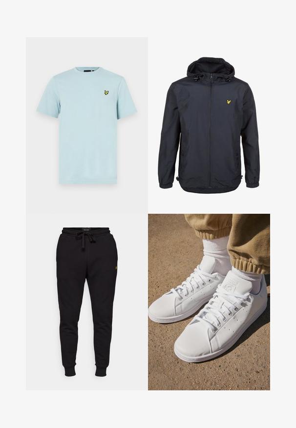 Casaco leve, de um tom azul marinho escuro, com capuz, fecho éclair na frente, cordões ajustáveis e um pequeno logótipo amarelo no lado esquerdo do peito. Tecido texturizado.; T-shirt de algodão azul claro com mangas curtas, decote arredondado e um pequeno logótipo de borboleta amarelo bordado no peito.; Calças de jogging de algodão pretas com cintura elástica, cordão e punhos canelados. Apresenta um pequeno logo amarelo na coxa esquerda.; Sapatilhas brancas de couro com uma superfície suave, apresentando um design clássico com atacadores, perfurações para respirabilidade e uma sola de borracha texturizada.
