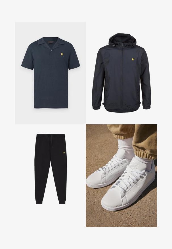 Lett, mørk marineblå jakke med hette, glidelåslukking, justerbare snorer og en liten gul logo på venstre bryst. Teksturert stoff.; Mørk marineblå kortermet poloshirt laget av mykt stoff, med klassisk krage og en liten gullbrodert logo på brystet.; Svarte joggebukser med elastisk midjebånd og snor, smale ben med mansjetter og liten gul brodert logo på høyre lår.; Hvite lær sneakers med en glatt overflate, med et klassisk snøresystem, perforeringer for pusteevne, og en teksturert gummiyttersåle.