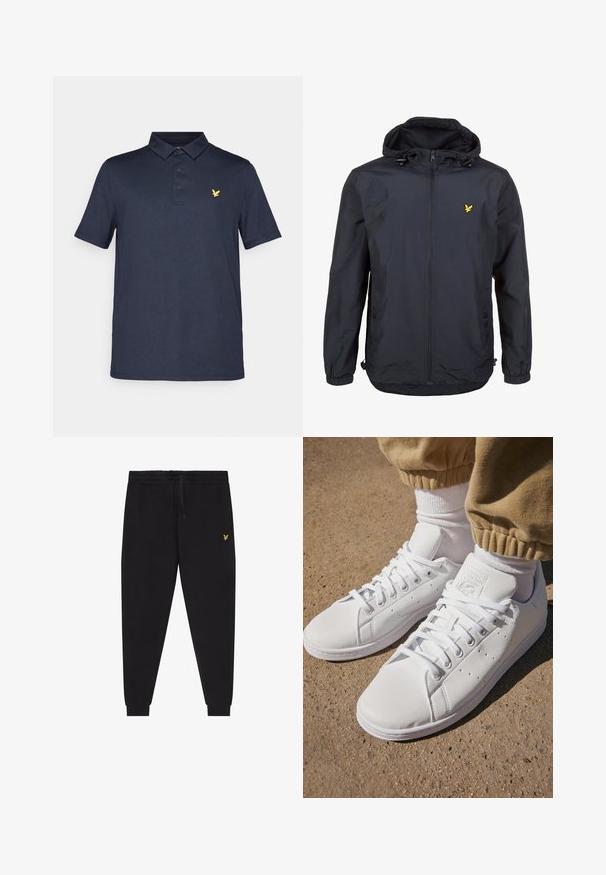 Casaco leve, de um tom azul marinho escuro, com capuz, fecho éclair na frente, cordões ajustáveis e um pequeno logótipo amarelo no lado esquerdo do peito. Tecido texturizado.; Pólo azul-escuro com botão de dois pontos na frente, mangas curtas e um pequeno emblema dourado de um pássaro no lado esquerdo do peito. Feito de tecido suave.; Calças jogger pretas com cintura elástica e cordão, pernas afuniladas com punhos e pequeno logótipo amarelo bordado na coxa direita.; Sapatilhas brancas de couro com uma superfície suave, apresentando um design clássico com atacadores, perfurações para respirabilidade e uma sola de borracha texturizada.