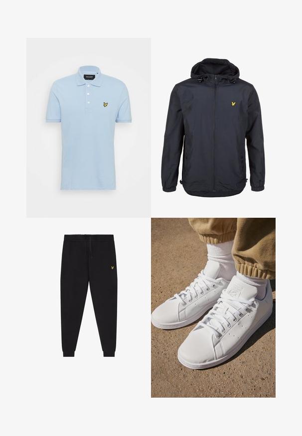 Ľahká, tmavomodrá bunda s kapucňou, zipsom na prednej strane, nastaviteľnými šnúrkami a malým žltým logom na ľavej strane hrude. Štruktúrovaná tkanina.; Svetlo modré polo tričko z bavlny s trojitou gombíkovou légou, krátkymi rukávmi a malou žltou vyšitou nášivkou na hrudi.; Čierne jogger nohavice s elastickým pásom a šnúrkou, zúžené nohavice so lemami a malým žltým vyšívaným logom na pravom stehne.; Biele kožené tenisky s hladkým povrchom, disponujú klasickým šnurovacím dizajnom, perforáciami na priedušnosť a textúrovanou gumovou podrážkou.