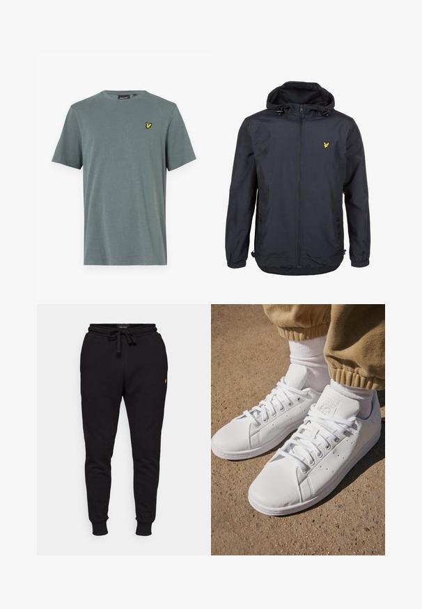 Giacca leggera di un elegante blu navy scuro con cappuccio, chiusura con zip, cordini regolabili e un piccolo logo giallo sul petto sinistro. Tessuto testurizzato.; T-shirt grigio a maniche corte realizzato in tessuto morbido con un logo ricamato giallo sul lato sinistro del petto. Collo rotondo e vestibilità standard.; Pantaloni jogger neri in cotone con vita elastica, cordoncino e polsini a coste. Presentano un piccolo logo giallo sulla coscia sinistra.; Sneakers bianchi in pelle con superficie liscia, caratterizzati da un classico design con lacci, perforazioni per la traspirabilità e una suola in gomma testurizzata.