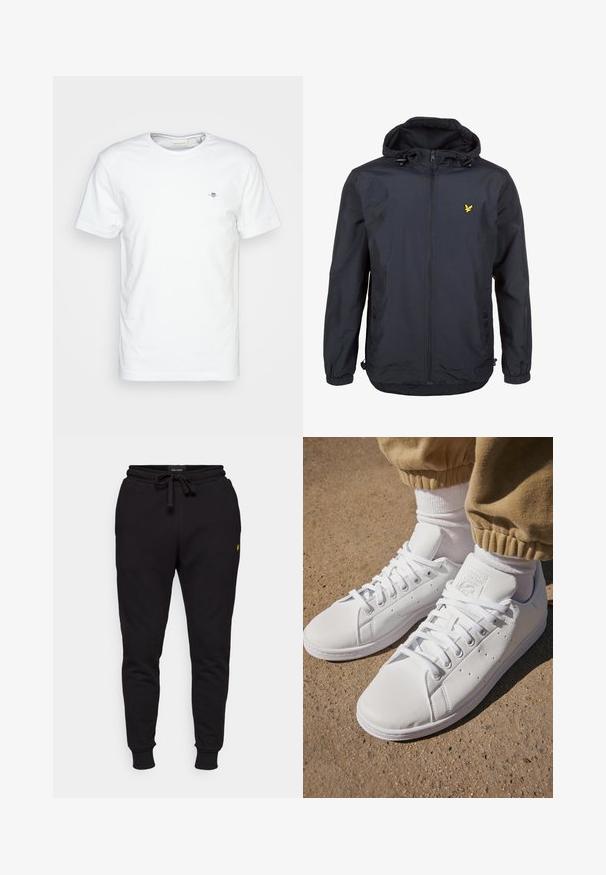 Lightweight, dark navy jacket with a hood, zippered front, adjustable drawstrings, and a small yellow logo on the left chest. Textured fabric.; White cotton t-shirt with a round neck and short sleeves, featuring a small logo on the chest and a smooth, clean texture.; Black cotton jogger pants with an elastic waist, drawstring, and ribbed cuffs. Features a small yellow logo on the left thigh.; White leather sneakers with a smooth surface, featuring a classic lace-up design, perforations for breathability, and a textured rubber outsole.