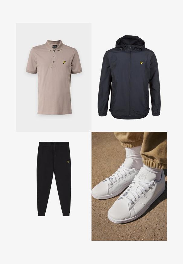 Casaco leve, de um tom azul marinho escuro, com capuz, fecho éclair na frente, cordões ajustáveis e um pequeno logótipo amarelo no lado esquerdo do peito. Tecido texturizado.; Lyle & Scott PLAIN - Polo - heritage taupe; Calças jogger pretas com cintura elástica e cordão, pernas afuniladas com punhos e pequeno logótipo amarelo bordado na coxa direita.; Sapatilhas brancas de couro com uma superfície suave, apresentando um design clássico com atacadores, perfurações para respirabilidade e uma sola de borracha texturizada.
