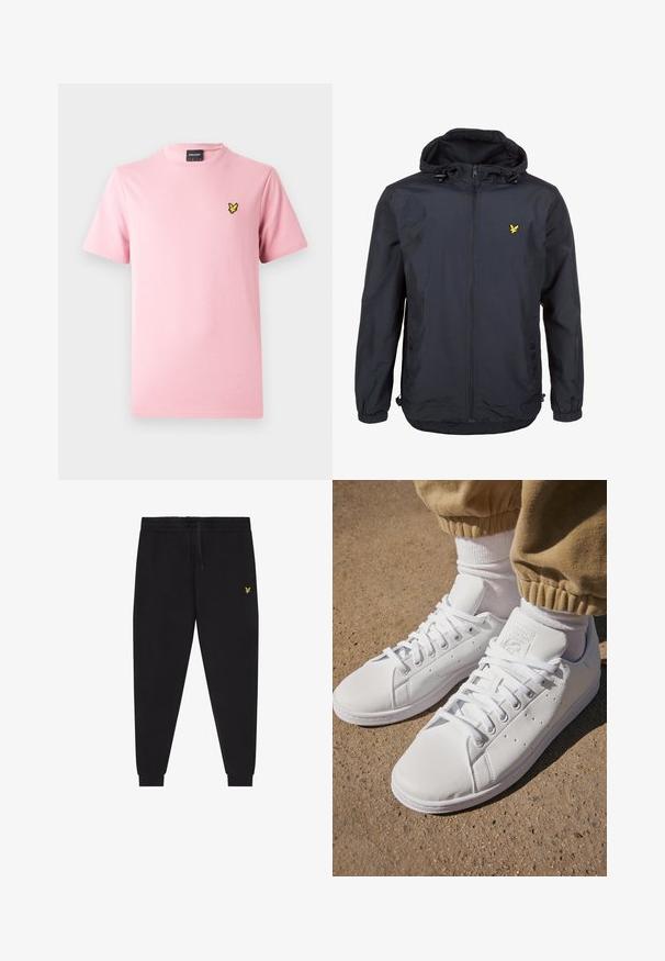 Lightweight, dark navy jacket with a hood, zippered front, adjustable drawstrings, and a small yellow logo on the left chest. Textured fabric.; Pink short-sleeve t-shirt made of cotton, featuring a small black and yellow embroidered bird logo on the left chest.; Black jogger pants with elastic waistband and drawstring, tapered legs with cuffs, and small yellow embroidered logo on right thigh.; White leather sneakers with a smooth surface, featuring a classic lace-up design, perforations for breathability, and a textured rubber outsole.