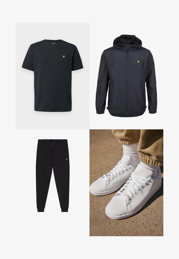 Viegls, tumši zilas krāsas jaka ar kapuci, ar rāvējslēdzēju priekšā, pielāgojamām auklām un mazu dzeltenu logotipu kreisajā krūtī. Strukturēta auduma.; Melna kokvilnas T-krekls ar īsām piedurknēm, apaļu izgriezumu un nelielu dzeltenu putna logotipu kreisajā krūtīs. Gluda tekstūra, standarta piegriezums.; Melnas sporta bikses ar elastīgu jostasvietu un auklu, šaurām kājām ar elastīgām aprocēm un nelielu dzeltenu izšūtu logotipu labajā augšstilbā.; Baltas ādas sporta apavi ar gludu virsmu, ar klasisku šņorēšanas dizainu, ar perforējumiem gaisa caurlaidībai un teksturētu gumijas zoli.