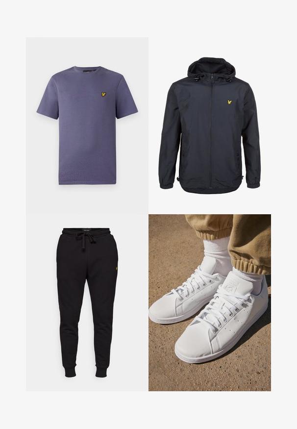 Viegls, tumši zilas krāsas jaka ar kapuci, ar rāvējslēdzēju priekšā, pielāgojamām auklām un mazu dzeltenu logotipu kreisajā krūtī. Strukturēta auduma.; Violeta īsām piedurknēm T-kreklu ar apaļu kakla izgriezumu, uz kreisā krūšu ir izšūts neliels dzeltena putna logotips.; Melnas kokvilnas jogger bikses ar elastīgu jostasvietu, auklu un ribotām piedurknēm. Uz kreisās augšstilba atrodas mazs dzeltenais logo.; Baltas ādas sporta apavi ar gludu virsmu, ar klasisku šņorēšanas dizainu, ar perforējumiem gaisa caurlaidībai un teksturētu gumijas zoli.