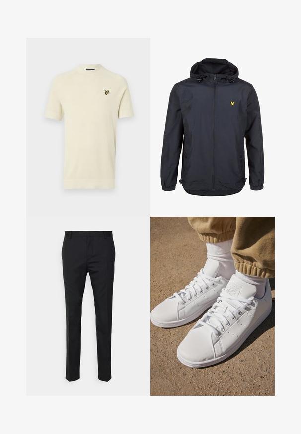 Ελαφρύ, σκούρο ναυτικό μπουφάν με κουκούλα, μπροστινό φερμουάρ, ρυθμιζόμενα κορδόνια και μικρό κίτρινο λογότυπο στο αριστερό στήθος. Υφασμάτινη επιφάνεια.; Μάλλινο πουλόβερ κοντό μανίκι σε ανοιχτό κρεμ χρώμα με ριπ στενό λαιμό και κίτρινο κεντημένο λογότυπο στο αριστερό στήθος. Υφασμάτινη υφή.; Μαύροι ψηλόμεσοι παντελόνια με ίσια εφαρμογή, κατασκευασμένα από λείο ύφασμα. Διαθέτουν θηλιές ζώνης και λεπτομέρεια πτυχής κατά μήκος του μπροστινού μέρους.; Λευκά δερμάτινα sneakers με λεία επιφάνεια, διαθέτοντας κλασικό σχέδιο με κορδόνια, τρυπήματα για αναπνοή και υφασμάτινη λαστιχένια σόλα.