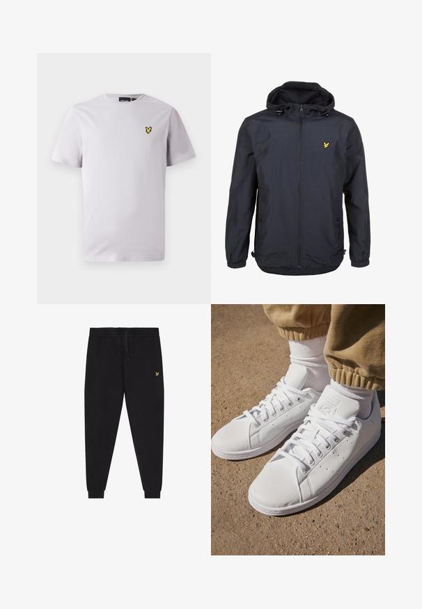 Lightweight, dark navy jacket with a hood, zippered front, adjustable drawstrings, and a small yellow logo on the left chest. Textured fabric.; Light grey cotton t-shirt featuring a crew neck and short sleeves, with a small yellow embroidered bird logo on the left chest.; Black jogger pants with elastic waistband and drawstring, tapered legs with cuffs, and small yellow embroidered logo on right thigh.; White leather sneakers with a smooth surface, featuring a classic lace-up design, perforations for breathability, and a textured rubber outsole.