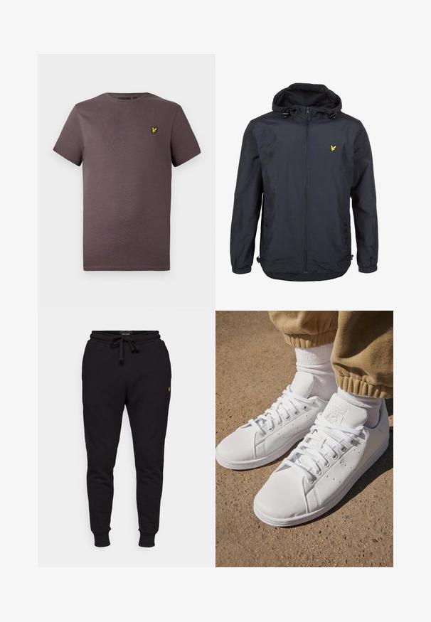 Lett, mørk marineblå jakke med hette, glidelåslukking, justerbare snorer og en liten gul logo på venstre bryst. Teksturert stoff.; En enkel brun t-skjorte med korte ermer og en liten gul fuglelogo på venstre bryst, vist mot en lys bakgrunn.; Sorte bomulls joggebukser med elastisk midje, snor og ribbestrikkede mansjetter. Har en liten gul logo på venstre lår.; Hvite lær sneakers med en glatt overflate, med et klassisk snøresystem, perforeringer for pusteevne, og en teksturert gummiyttersåle.