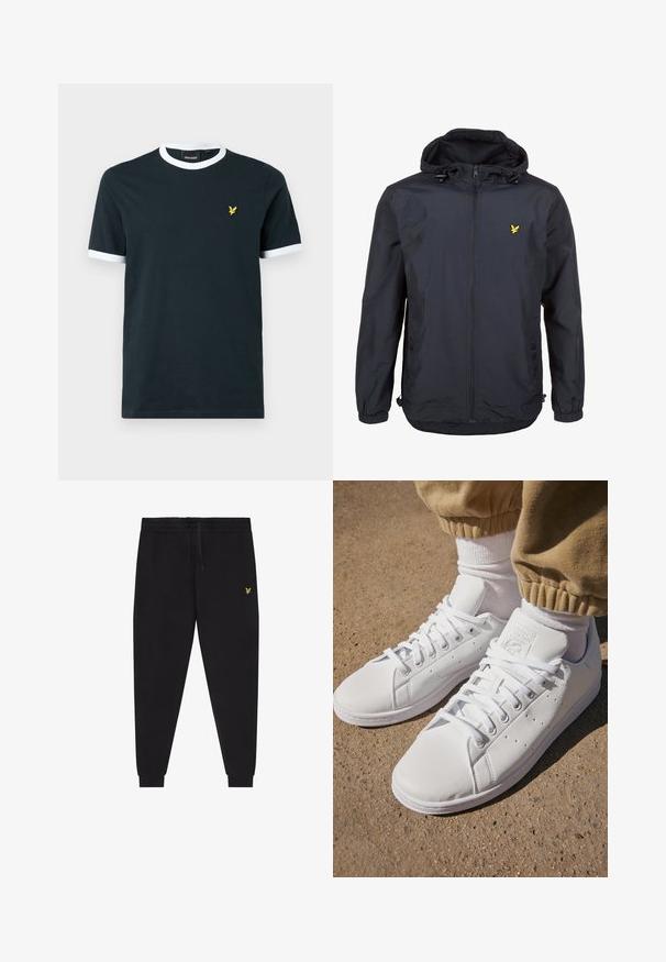 Könnyű, sötét navy kék dzseki kapucnival, cipzáras elejével, állítható zsinórokkal és egy kis sárga logóval a bal mellrészen. Texturált anyag.; Tengeri kék pamut póló fehér bordás gallérral és ujjvégekkel. Bal mellen egy kis sárga hímzett logóval rendelkezik.; Fekete melegítőnadrág rugalmas derékpánttal és húzózsinórral, szűkített szárak mandzsettákkal, valamint kis sárga hímzett logóval a jobb combon.; Fehér bőr sportcipők sima felülettel, klasszikus fűzős kialakítással, perforációkkal a légáteresztés érdekében és texturált gumitalppal.
