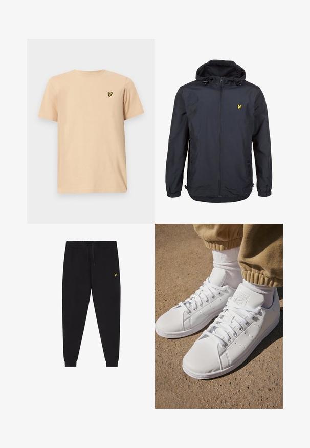 Lengvas, tamsiai mėlynos spalvos švarkas su kapišonu, užtrauktuku priekyje, reguliuojamomis virvėmis ir mažuoju geltonu logotipu kairėje krūtinės pusėje. Textūruota medžiaga.; Šviesiai smėlinės spalvos medvilninė t-marškinė turi apykaklę ir trumpas rankoves, o kairėje krūtinės pusėje yra mažas juodas ir geltonas drugelio logotipas.; Juodos jogger stiliaus kelnės su elastinga juosmens juosta ir raišteliu, siaurėjančiomis kojų dalimis su apačios manžetėmis ir mažu geltonu siuvinėtu logotipu dešinėje šlaunyje.; Balti odiniai sportbačiai su lygia paviršiumi, pasižymintys klasikiniu raištelių dizainu, perforacijomis, užtikrinančiomis oro pralaidumą, ir tekstūra guminėmis padangomis.