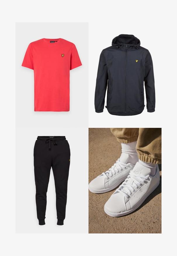 Kerge, tume navy sinine jakk kapuutsiga, tõmblukuga esipaneel, reguleeritavad nöörid ja väike kollane logo vasakul rindkere kohal. Tekstureeritud kangas.; Punane puuvillane T-särk lühikeste varrukatega, millel on vasakul rinnal väike kollane tikandlogo. Klassikaline ümmargune kaeluse kujundus.; Mustad mustast puuvillast joggeritest püksid, millel on elastne vöökoht, nöör ja ribadega mansetid. Vasakul reitel on väike kollane logo.; Valged nahast tossud siledal pinnal, klassikalise paeltega kinnitusega, ventilatsiooni jaoks perforatsioonide ning tekstureeritud kummist välispinnaga.