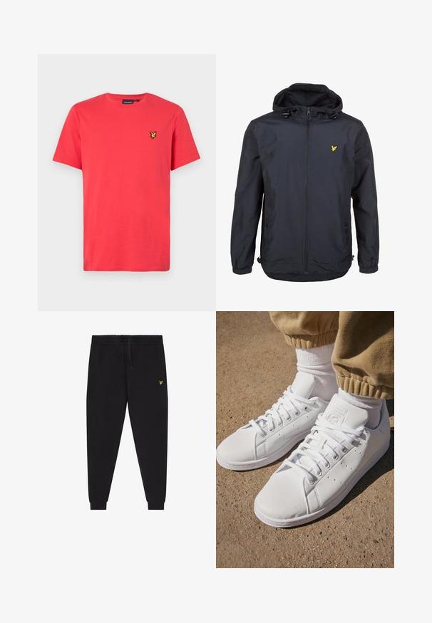 Lett, mørk marineblå jakke med hette, glidelåslukking, justerbare snorer og en liten gul logo på venstre bryst. Teksturert stoff.; Rød bomulls t-skjorte med korte ermer, med en liten brodert logo i gult på venstre bryst. Klassisk crew neck-design.; Svarte joggebukser med elastisk midjebånd og snor, smale ben med mansjetter og liten gul brodert logo på høyre lår.; Hvite lær sneakers med en glatt overflate, med et klassisk snøresystem, perforeringer for pusteevne, og en teksturert gummiyttersåle.