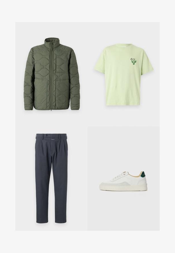 Veste matelassée vert olive avec un col haut, texture matelassée, fermeture éclair à l'avant et deux grandes poches inclinées.; T-shirt vert clair en coton, avec des manches courtes et un graphique de cactus avec le mot "CLOSED" en noir près de la poitrine gauche.; Pantalons gris foncé avec une coupe droite, des plis à l'avant et une fermeture par bouton, fabriqués dans un tissu lisse et léger.; Baskets blanches avec des accents en daim, bout arrondi, lacets plats et semelle en caoutchouc crème. Présente une marque verte sur le talon.
