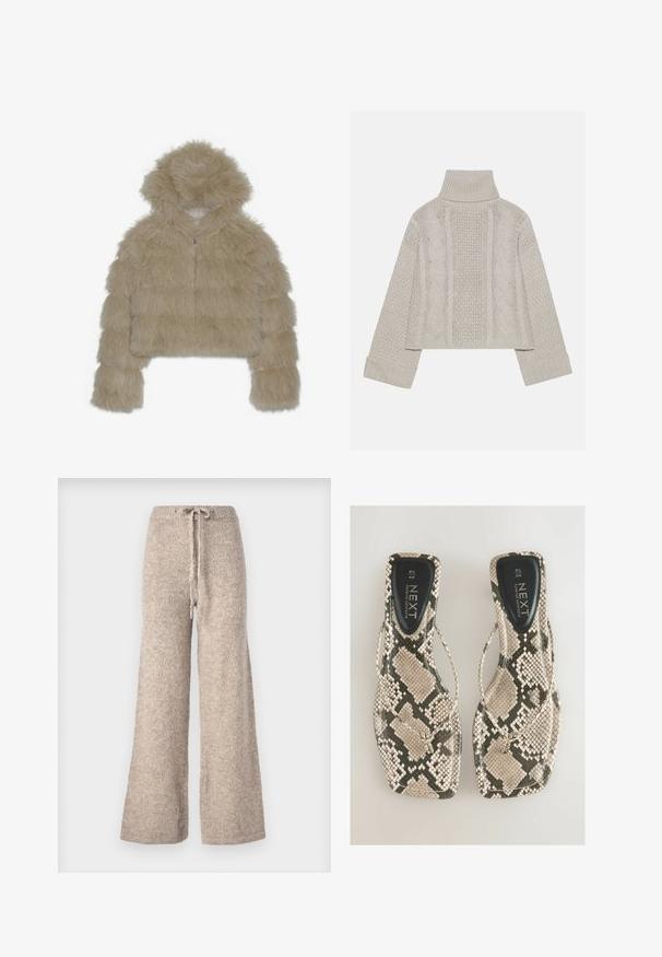 Beige faux fur cropped jakke med hætte, der har en struktureret, shaggy overflade og en frontlynlås. Polstret blokdesign.; Afskåret, lysegrå striktrøje med højt krave og ribbede manchetter, prydet med teksturerede kabelmønstre ned ad ryggen og siderne.; Beige brede bukser lavet af tekstureret strikstof, med en snoretræk i taljen og en afslappet pasform.; Flade sandaler med et slangeskinds mønster i nuancer af beige og grå, med et toe-post design og en glat sort indersål mærket "NEXT."