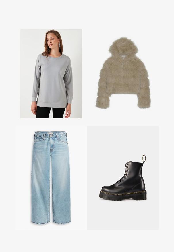 Béžová skrátená bunda z umelého kožúška s kapucňou, so štruktúrovaným, huňatým povrchom a predným zipsom. Vypchávkový blokový dizajn.; Sivý dlhý rukáv sveter s okrúhlym výstrihom, voľnejší strih a rebrovanými manžetami, vyrobený z jemnej, hladkej látky.; Svetlomodré džíny s voľnými nohavicami vyrobené z denimu, s vysokým pásom, gombíkovým zapínaním a rozstrapkaným lemom. Viditeľné švy a vrecká.; Čierne kožené členkové topánky na šnurovanie s masívnou čiernou podrážkou a žltým prešitím. Obsahujú pútko na zadnej strane a okrúhle kovové očká.