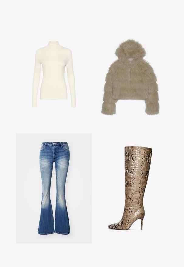 Beige faux fur cropped jas met een capuchon, voorzien van een gestructureerde, harige buitenkant en een ritssluiting aan de voorkant. Gevoerde blokontwerp.; Witte lange mouwen turtleneck top, gemaakt van een gladde stof met een aansluitende pasvorm, met een hoge hals en een minimalistisch ontwerp.; Blauwe flared jeans van denim met een vervaagde wassing. Kenmerken zijn een aansluitende taille, een vijf-pocket ontwerp en een lichte slijtage aan de zoom.; Kniehoge stiletto laarzen van glanzend leer met een slangenhuidpatroon in beige, bruin en crème tinten, met een puntige neus en een hak van 7,5 cm.