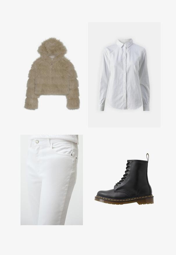 Beżowa kurtka z sztucznego futra, krótka, z kapturem, z fakturowanym, puszystym materiałem na zewnątrz oraz z przodem na zamek błyskawiczny. Wypełniona blokowa konstrukcja.; Biała koszula zapinana na guziki, wykonana z gładkiej bawełny, z klasycznym kołnierzykiem, długimi rękawami i zaokrąglonym dołem. Guziki są małe i białe.; Białe dżinsy o gładkiej fakturze, z przednią kieszenią, srebrnym zapięciem na guzik i detalami w postaci bocznych przeszyć.; Czarny skórzany botek za kostkę z okrągłym noskiem, ozdobą w postaci sznurek z oczkami, pomarańczowymi przeszyciami oraz masywną, przezroczystą podeszwą. Pętla do wciągania z tyłu.
