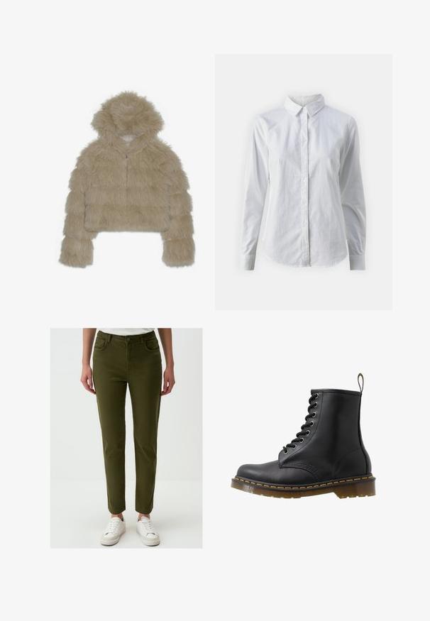 Beżowa kurtka z sztucznego futra, krótka, z kapturem, z fakturowanym, puszystym materiałem na zewnątrz oraz z przodem na zamek błyskawiczny. Wypełniona blokowa konstrukcja.; Biała koszula zapinana na guziki, wykonana z gładkiej bawełny, z klasycznym kołnierzykiem, długimi rękawami i zaokrąglonym dołem. Guziki są małe i białe.; Oliwkowe, dopasowane spodnie wykonane z miękkiego materiału, z pięcioma kieszeniami, zapięciem na guzik i gładką fakturą, zestawione z białymi sneakersami.; Czarny skórzany botek za kostkę z okrągłym noskiem, ozdobą w postaci sznurek z oczkami, pomarańczowymi przeszyciami oraz masywną, przezroczystą podeszwą. Pętla do wciągania z tyłu.
