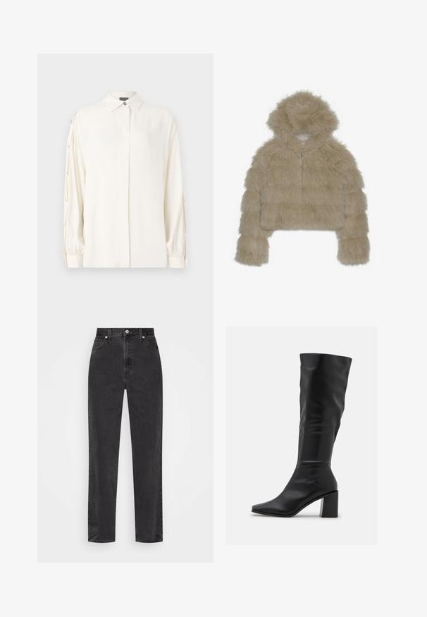 Bež jakna od umjetnog krzna, skraćena, s kapuljačom, koja ima teksturiranu, resastu vanjštinu i prednji zatvarač. Uloženi blok dizajn.; Bijela bluzica dugih rukava s ovratnikom, gumbima sprijeda i naboranim manžetama. Sadrži ukrasne gumbe uz rukave. Glatka tekstura.; Crne traperice ravnih nogavica s visokim strukom, prednjim kopčanjem na dugme i patentni zatvarač, te stilom s pet džepova na bijeloj pozadini.; RAID BLICK - Čizme - black