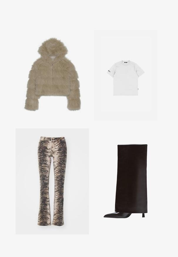 Giacca corta in pelliccia sintetica beige con cappuccio, caratterizzata da un esterno testurizzato e shaggy e una cerniera anteriore. Design imbottito a blocchi.; Maglietta bianca in cotone con maniche corte, collo tondo e un piccolo logo nero ricamato sulla manica sinistra. Texture semplice e liscia.; Pantaloni a zampa d'elefante realizzati in tessuto con un motivo a strisce di tigre beige e nero, dotati di tasche frontali e chiusura con zip.; Stivale nero al ginocchio realizzato in pelle liscia, con punta appuntita e tacco sottile. Design minimalista con una silhouette elegante e strutturata.