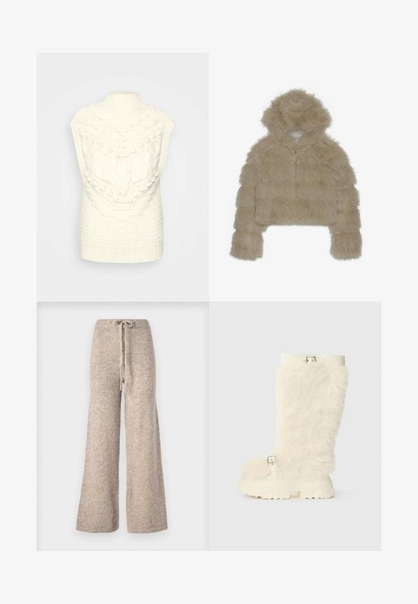 Jachetă scurtă din blană prostetică bej cu glugă, având un exterior texturat, pufoasă și un fermoar frontal. Design cu blocuri căptușite.; Vesta tricotată de culoare crem, cu un guler înalt cu nervuri și modele texturate, inclusiv cabluri și bobițe, oferind un aspect confortabil.; Pantaloni bej cu picioare largi, confecționați dintr-un material tricotat texturat, având un talie cu șnur și o croială lejeră.; Botă din blană sintetică crem până la genunchi, cu o talpă din cauciuc albă robustă, având un curea cu cataramă și un design plat, texturat.