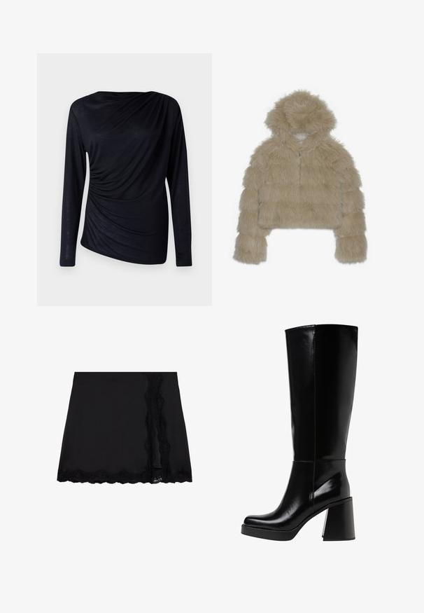 Beżowa kurtka z sztucznego futra, krótka, z kapturem, z fakturowanym, puszystym materiałem na zewnątrz oraz z przodem na zamek błyskawiczny. Wypełniona blokowa konstrukcja.; Czarny top z długim rękawem wykonany z lekkiego materiału, z drapowanym krojem i marszczeniem po lewej stronie.; Even&Odd - Spódnica mini; Czarne kozaki do kolan wykonane z błyszczącego materiału, z masywnym, blokowym obcasem i okrągłym noskiem. Szwy biegną wzdłuż zewnętrznej strony.