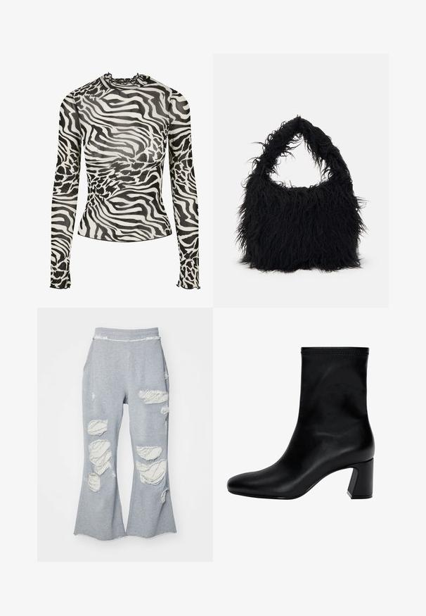 Beige faux fur cropped jas met een capuchon, voorzien van een gestructureerde, harige buitenkant en een ritssluiting aan de voorkant. Gevoerde blokontwerp.; Langermige top met een hoge hals, voorzien van een zwart-wit zebra print ontwerp op doorschijnende stof. Gerimpelde accenten bij de halslijn en mouwen.; Grijze sweatpants met een uitlopende broekspijpen ontwerp, voorzien van meerdere versleten patches die lichter stof blootstellen. Elastische tailleband voor comfort.; Zwarte enkellaars van soepel leer. Heeft een vierkante neus, een elastische bovenkant en een chunky hak voor stabiliteit. Minimalistisch ontwerp.; Even&Odd Shopper - black