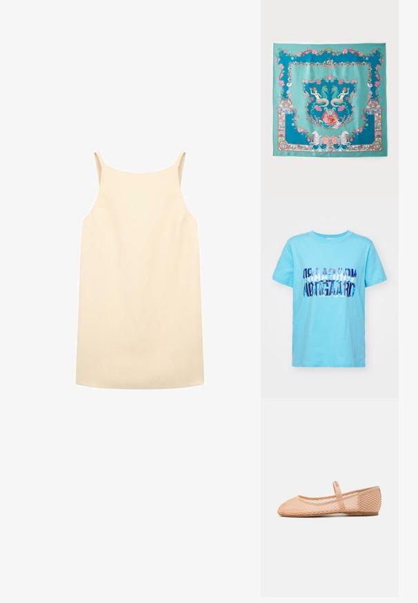 Beige jas met een donkerbruine corduroy kraag en manchetten, vooraan met knoopsluiting en zijzakken.; Lichtblauw katoenen T-shirt met een gevouwen grafisch ontwerp in donkerblauwe tekst. Korte mouwen en een ronde hals. Zachte textuur, casual pasvorm.; Beige mouwloze jurk met een ontspannen pasvorm, gemaakt van gladde stof, voorzien van dunne schouderbanden en een rechte zoom.; Perzik kleurige mesh balletschoenen met een ronde neus, elastische band en een gestructureerd patroon. Lichte zool en open geweven constructie.; Turquoise zijden sjaal met ingewikkelde mariene thema's, waaronder zeemeerminnen, schelpen en koraal, omzoomd met een decoratieve rand.; Gevlochten stro tote bag met een brede, taps toelopende vorm, voorzien van twee zwarte leren handvaten. Natuurlijke beige kleur met een gestructureerd oppervlak.